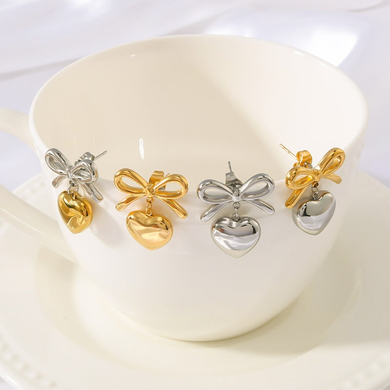 Wholesale Bow Titanium Steel Plated with 18K Gold Niche Contrast Color Light Luxury Love Pendant Earrings